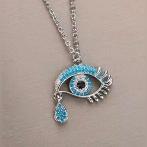18K White Gold Turquoise & Diamond Paved Evil Eye Crying Tear Pendant Necklace